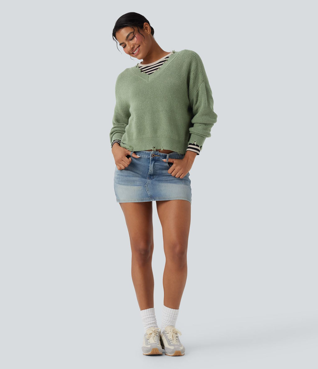 Pull casual col V délavé manches longues