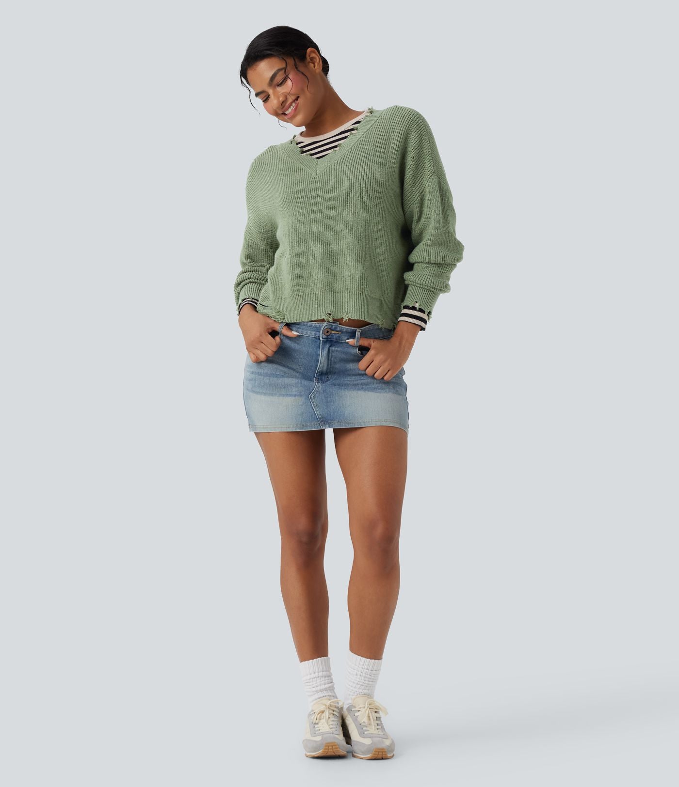 Pull casual col V délavé manches longues