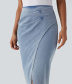 Halara Flex™ Jupe en Jean midi délavé taille haute avec zip dos, effet drapé et ourlet tulipe