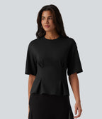 Blouse casual col rond taille cintrée à basque