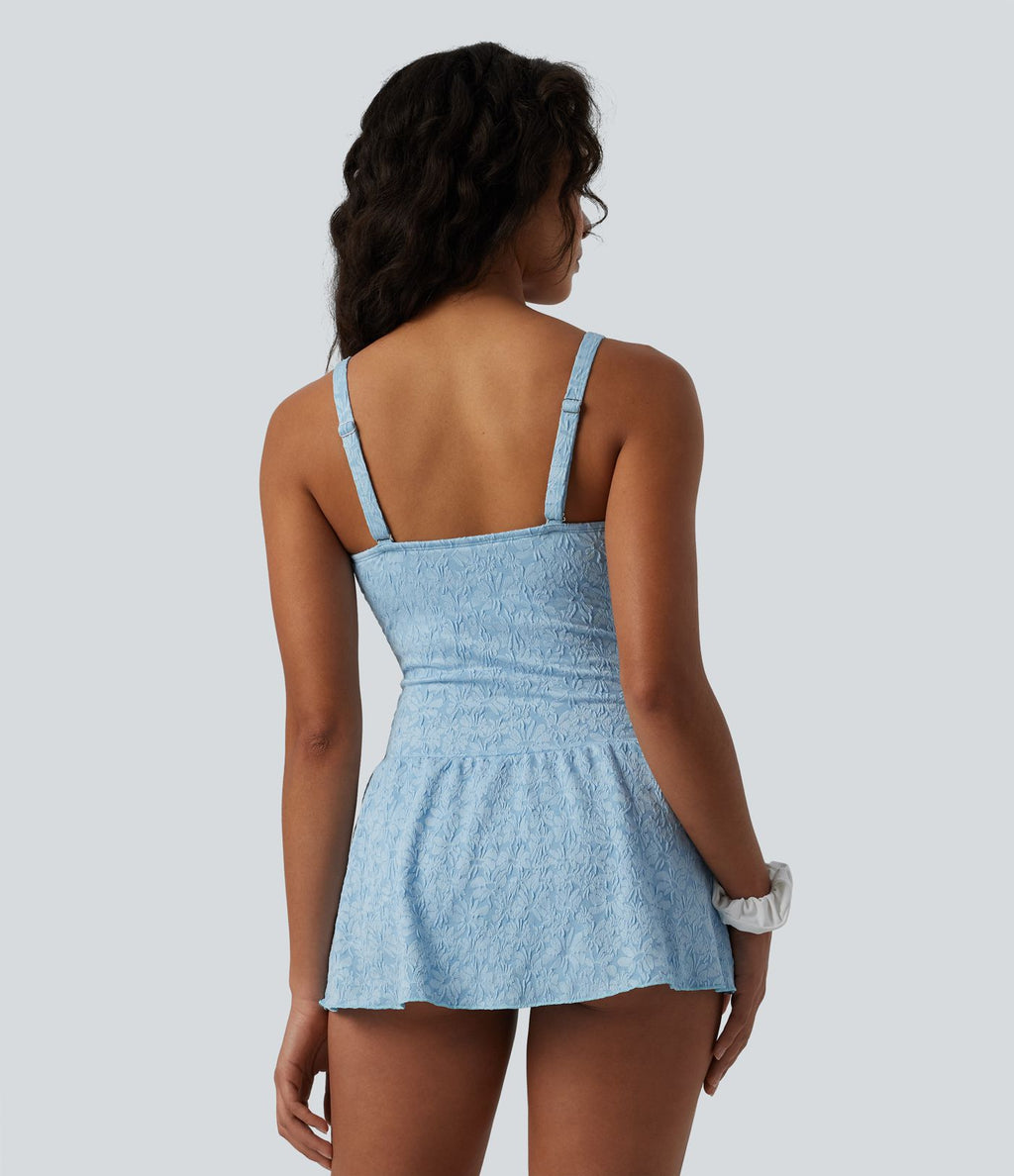 Maillot de bain une pièce 2-en-1 col V en jacquard avec nœud frontal, bretelles réglables, effet push-up, ventre plat et fronces