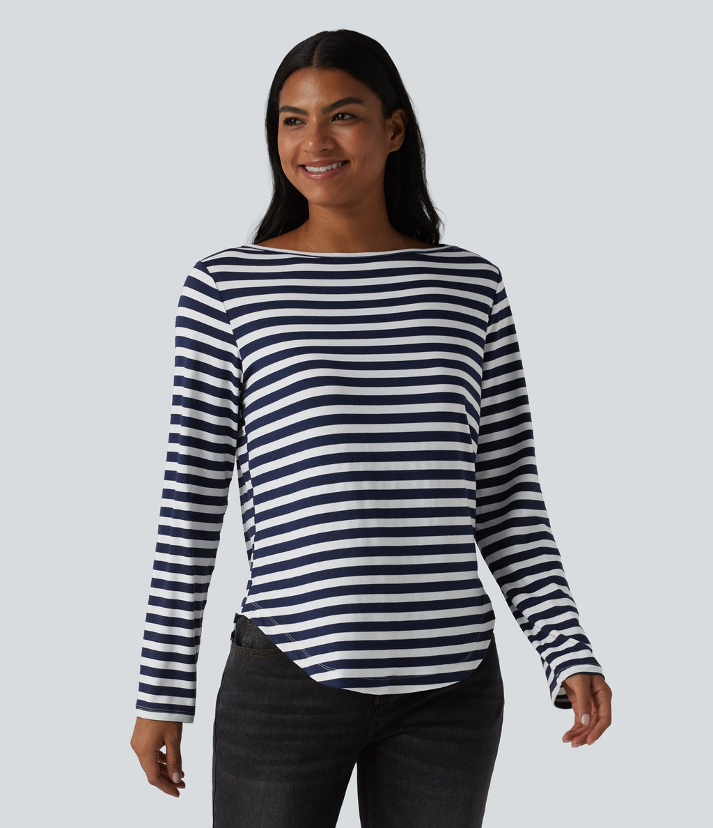 T-shirt casual rayé à col bateau, manches longues et ourlet arrondi