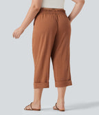 Pantalon de villégiature capri effet lin, grande taille, taille haute, avec poches