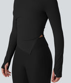 Top de sport yoga col rond ourlet asymétrique fendu manches longues avec trous pouces