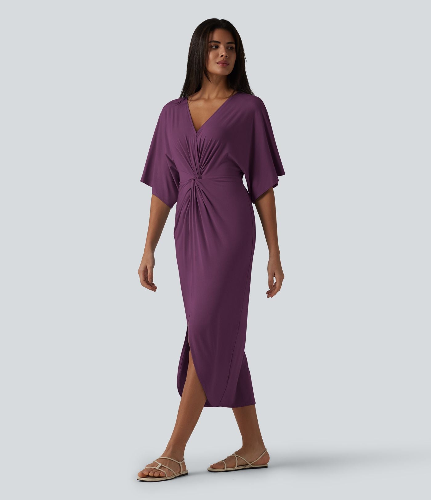 Robe midi col V manches chauve-souris ourlet tulipe torsadé