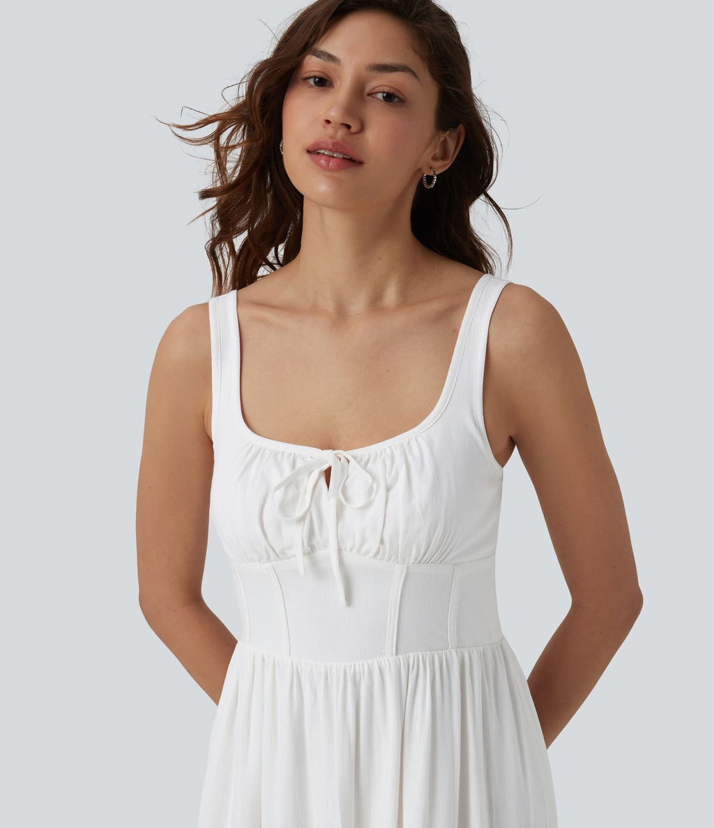 Robe mi-longue casual aspect lin col U avec nœud devant corset