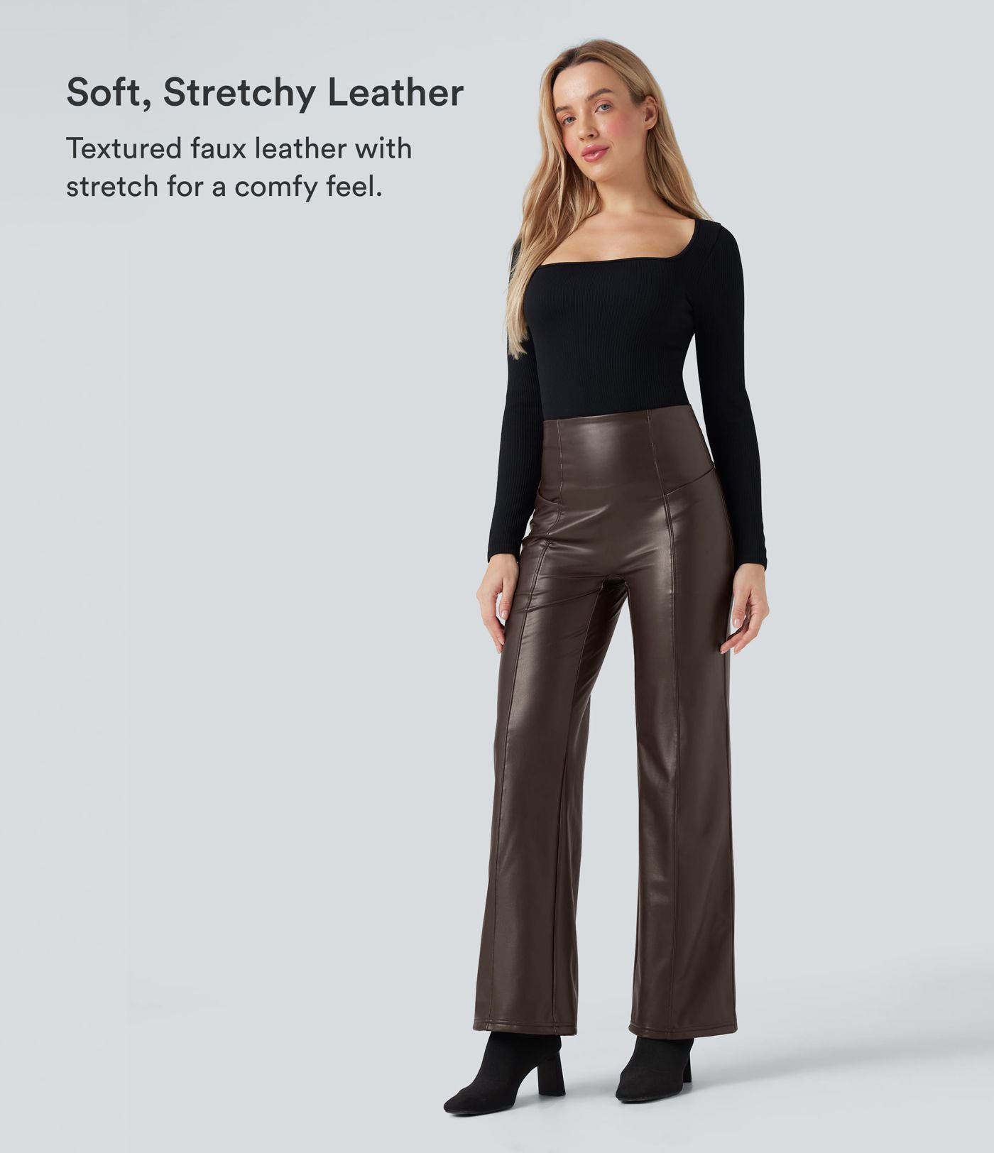 Pantalon similicuir évasé gainant taille haute stretch avec poches