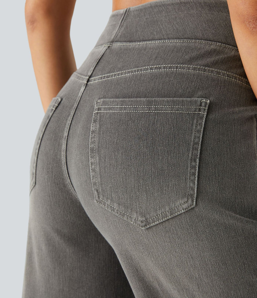 Halara Flex™ Jean Large Casual Taille Haute Poches Multiples Tricot Extensible Délavé