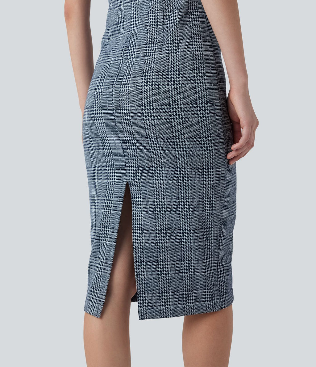 Robe de travail midi moulante sans manches col montant pied-de-poule à carreaux