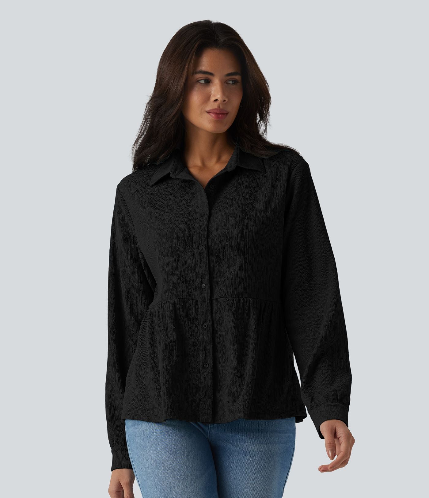 Chemise décontractée peplum à col manches longues avec ourlet à volants effet froissé et poches