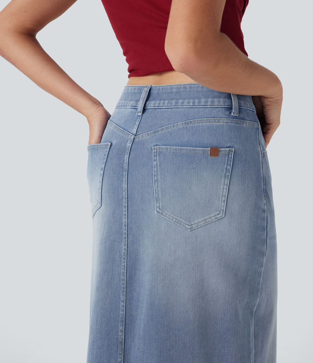Halara Flex™ Jupe en Jean longue décontractée extensible délavé taille moyenne avec fente et multiples poches