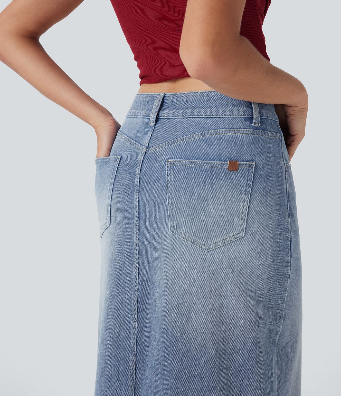 Halara Flex™ Jupe en Jean longue décontractée extensible délavé taille moyenne avec fente et multiples poches