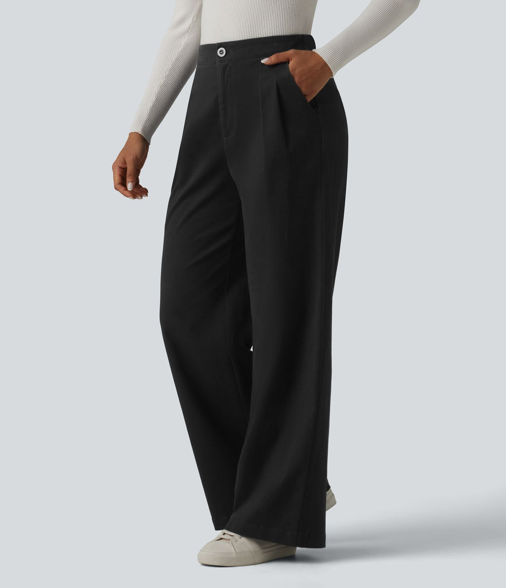 Pantalon tailleur chino large en coton taille haute avec poches