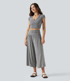 Pantalon casual 7/8 large taille haute à fronces avec poches
