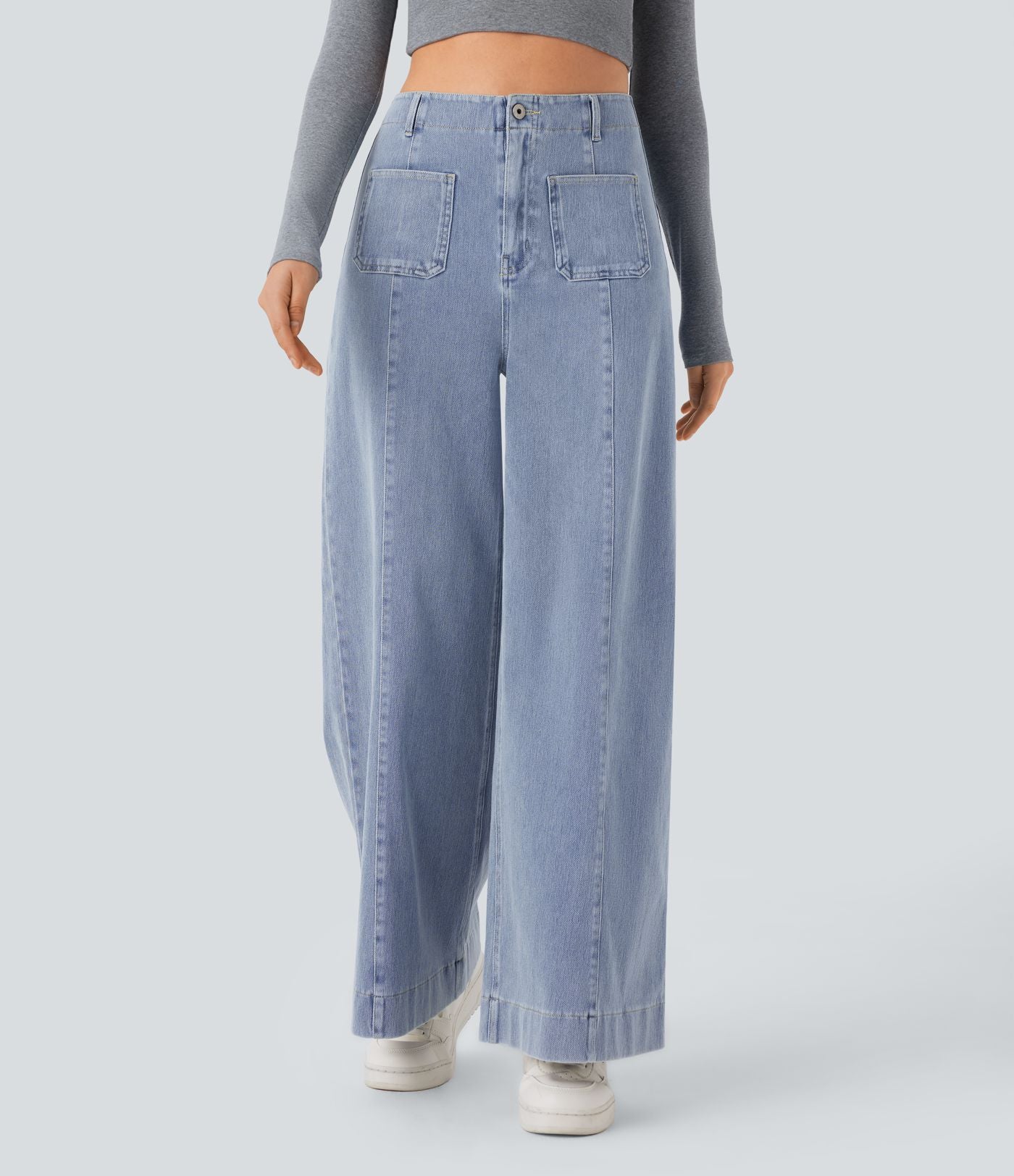 Halara Flex™ Jean large Palazzo et Taille Haute avec Poches Avant en Tricot Extensible Lavé