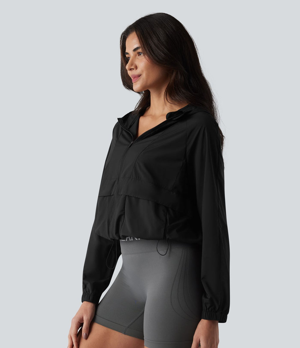 Veste de course à capuche à manches longues avec empiècements en mesh contrasté et poches – Protection UPF 50+