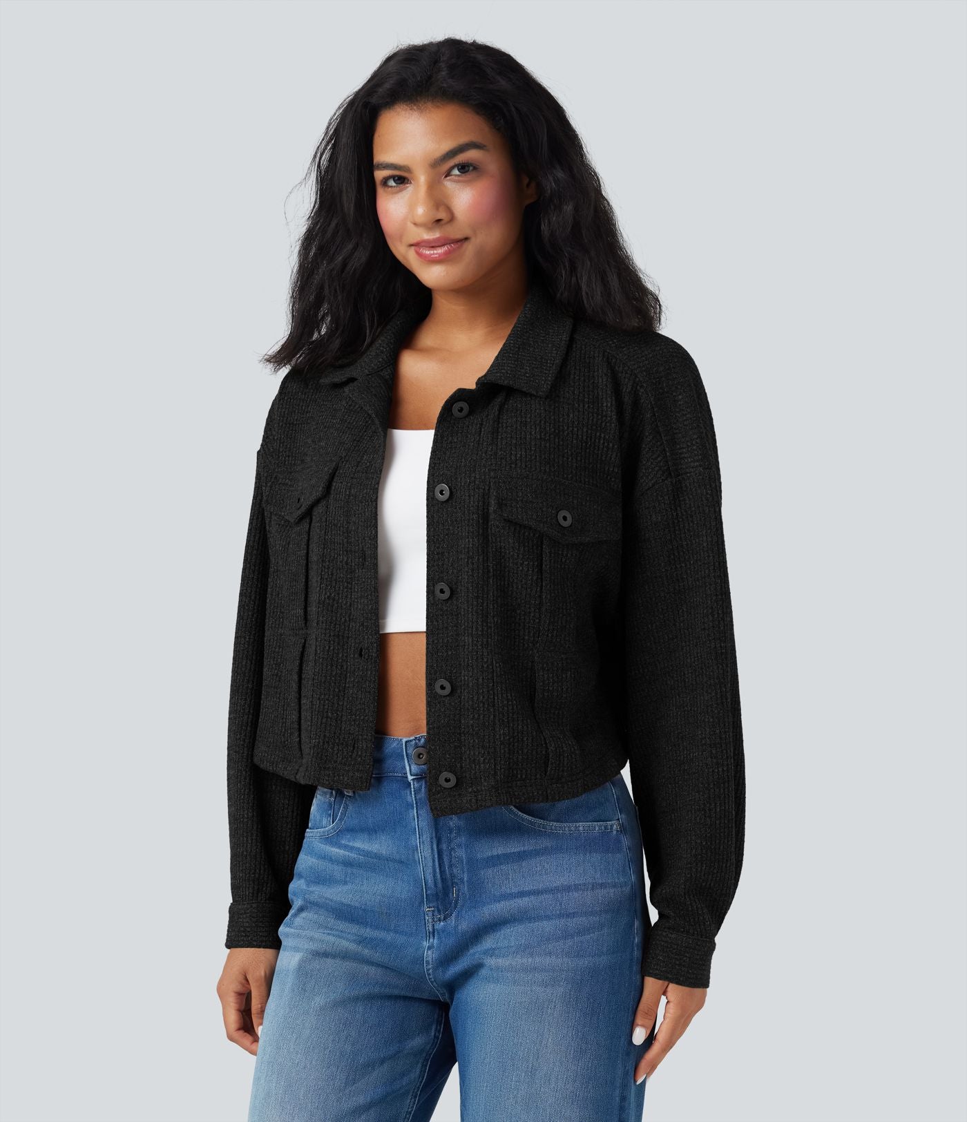 Veste décontractée maille gaufrée manches longues avec poches