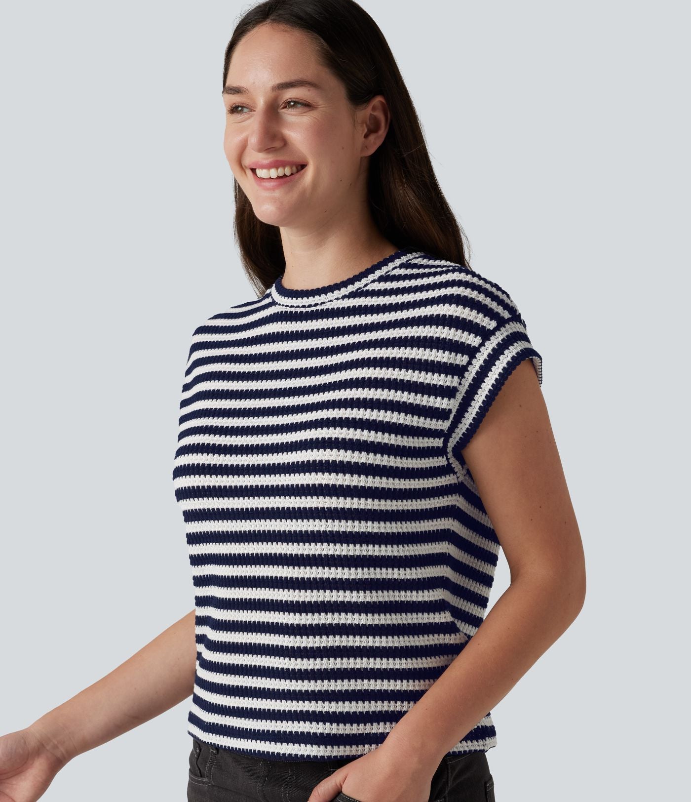 T-shirt casual col rond manches courtes rayé en maille