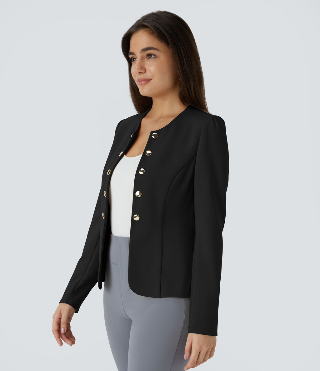 Blazer tailleur ajusté à col rond, manches longues avec boutons décoratifs
