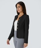 Blazer tailleur ajusté à col rond, manches longues avec boutons décoratifs
