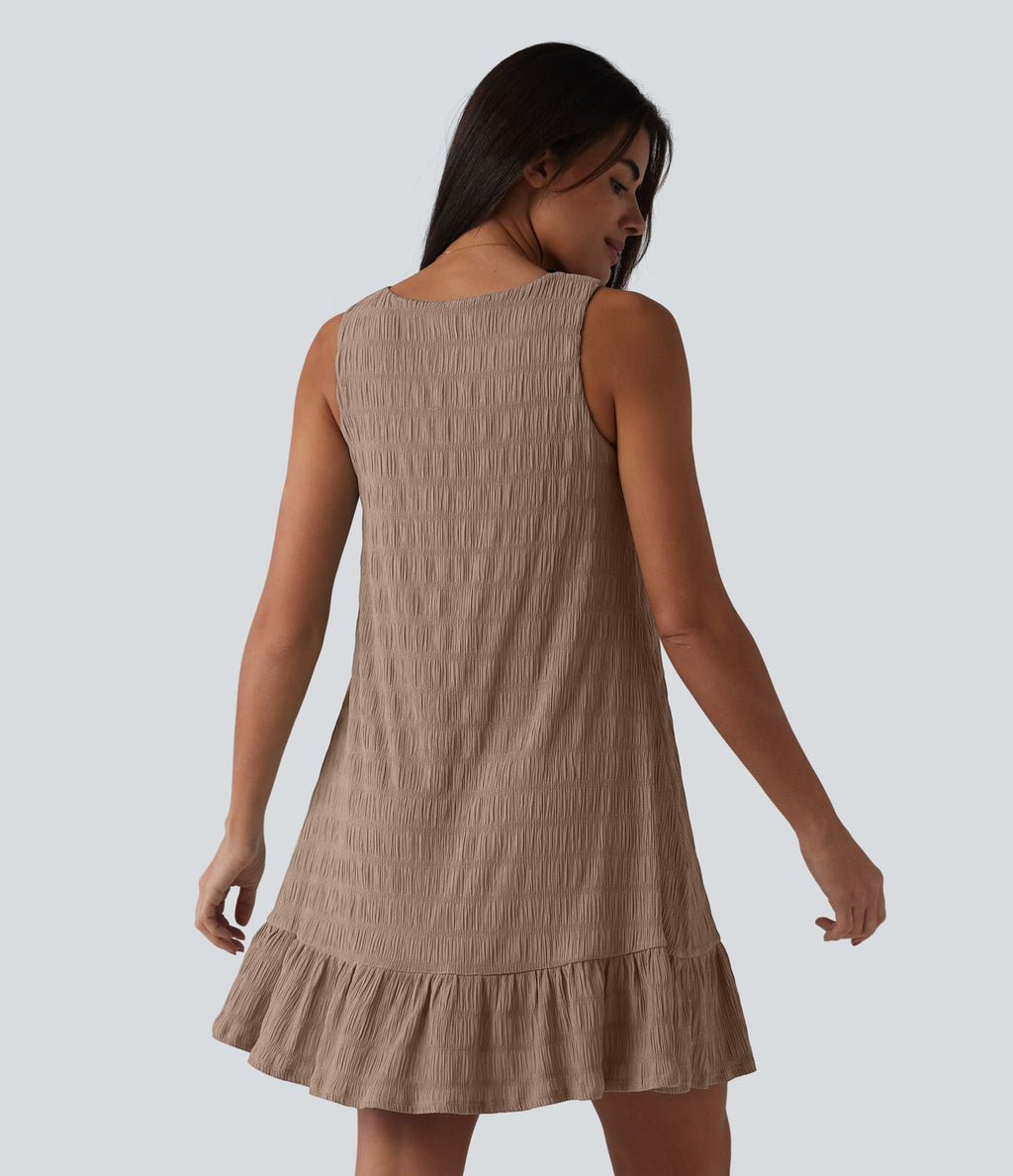Robe courte décontractée sans manches à col rond, soutien-gorge intégré et ourlet à volants