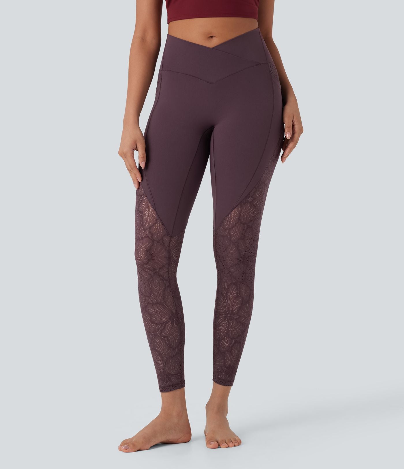 Legging de yoga 7/8 taille haute avec poches latérales, dos croisé et dentelle contrastante Softlyzero™-UPF50+