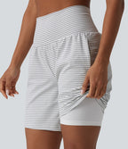 Short yoga 2-en-1 à rayures taille super haute 17,5 cm avec poches