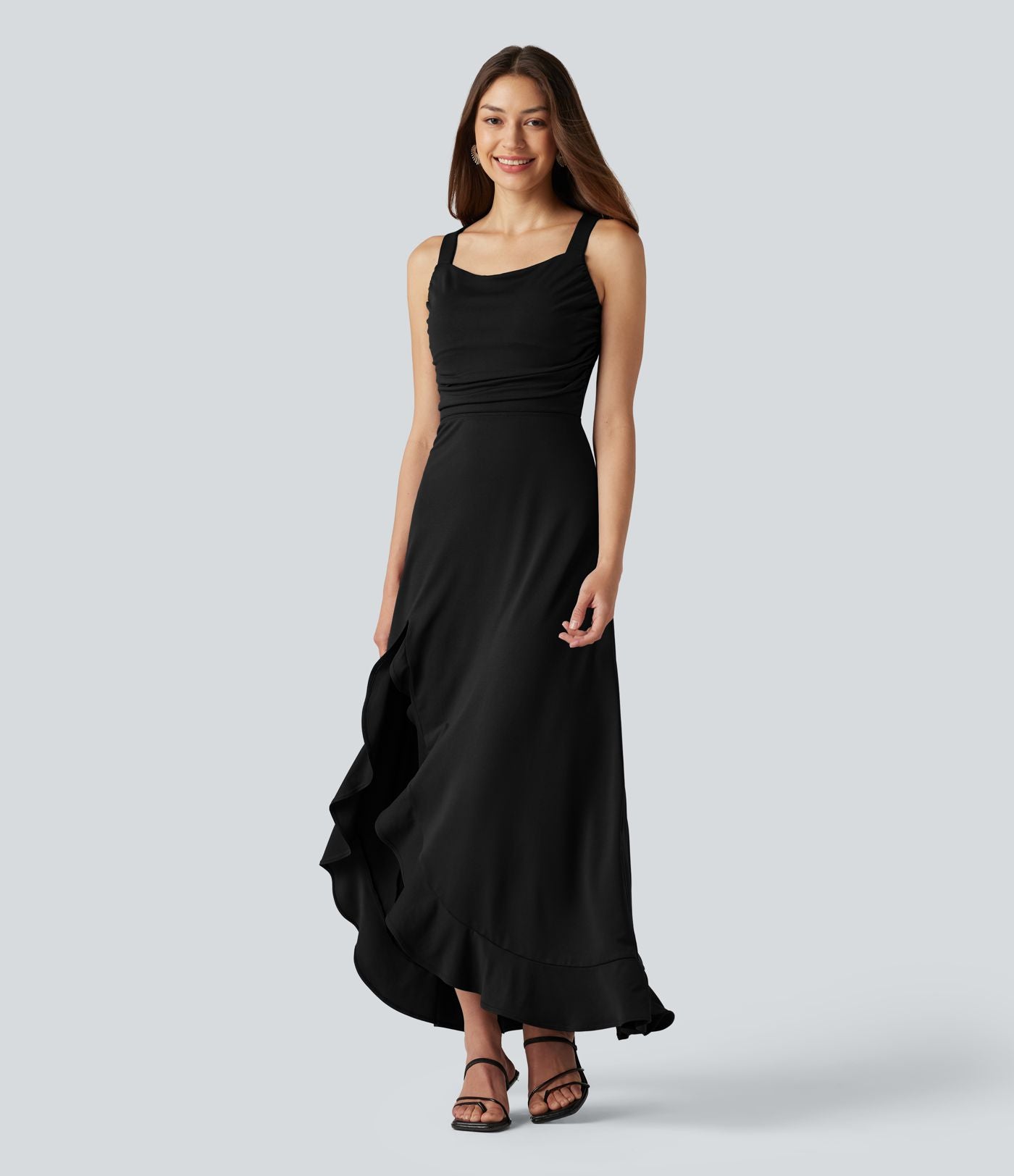 Robe mi-longue fluide de soirée dos nu croisé avec fente, ourlet à volants et soutien-gorge intégré