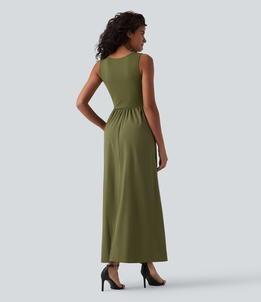 Robe longue fluide casual col U sans manches avec poches