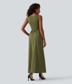 Robe longue fluide casual col U sans manches avec poches
