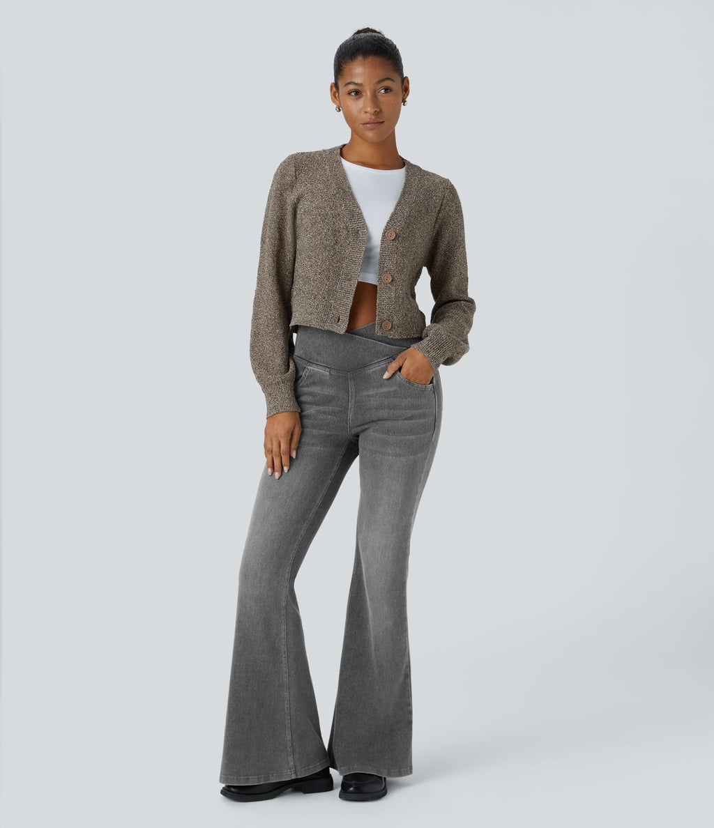 Halara Flex™ Jean Évasé à Taille Haute avec Poche Crossover Tissu Élastique Lavé