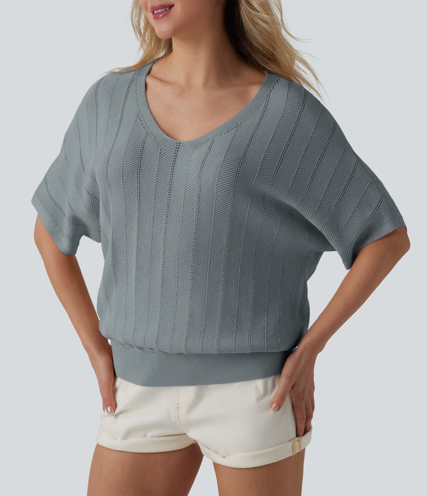 Pull décontracté col V manches courtes