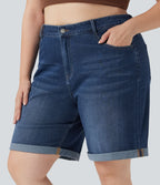 Short bermuda casual denim grande taille Halara Flex™ tricot extensible délavé taille haute multiples poches ourlet roulotté