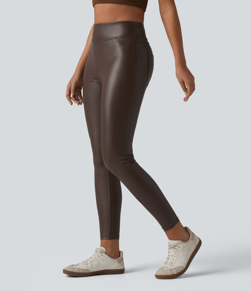 Pantalon skinny casual taille haute en simili cuir extensible avec poches