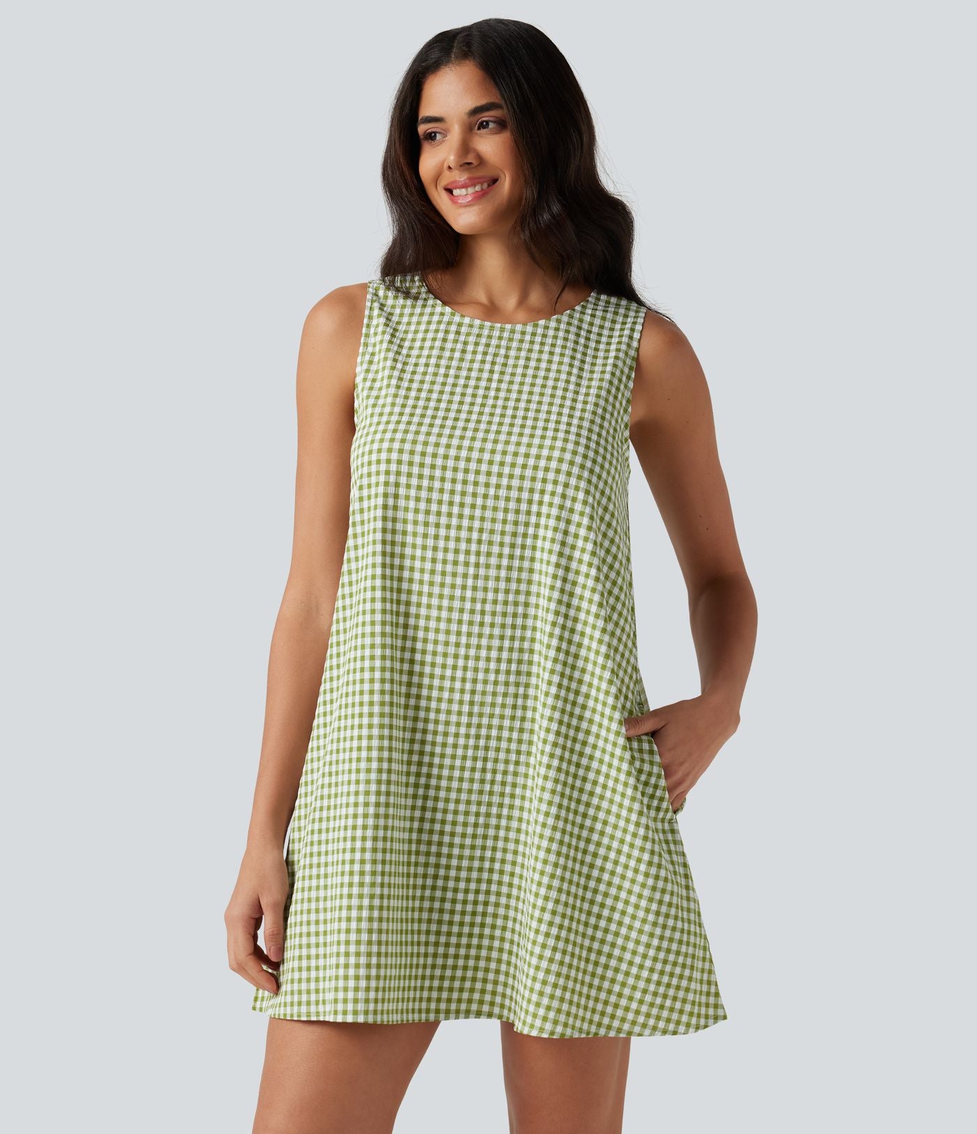 Robe débardeur mini décontractée col rond sans manches en vichy froissé avec poches
