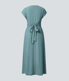 Breezeful™ Robe Mi-Longue Col en V Manches Courtes Poche Latérale Nouée au Dos Séchage Rapide