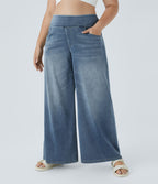 Halara Flex™ Jeans Larges Casual Taille Haute Multiples Poches Lavés Élastiques et Tricotés Grande Taille