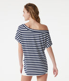 Top casual asymétrique épaule dénudée à rayures, manches courtes, ourlet incurvé et brassière intégrée