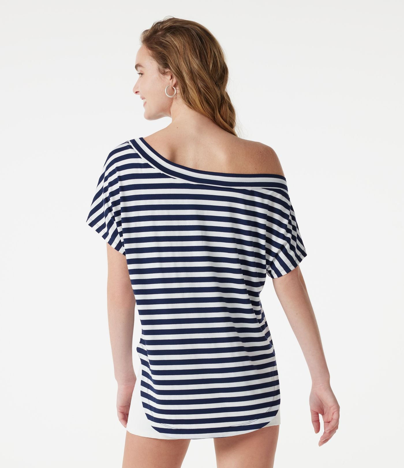 Top casual asymétrique épaule dénudée à rayures, manches courtes, ourlet incurvé et brassière intégrée