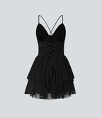 Robe Soirée Mini Superpositions en Maille avec Dos Nu Croisé Lacets