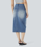 Halara Flex™ Jupe en Jean Casual Mi-Longue Délavé Extensible Plusieurs Poches Taille Haute