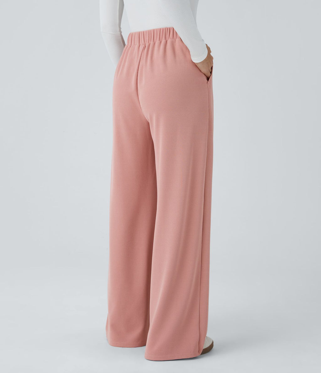 Pantalon taille haute décontracté large en maille gaufrée, avec poches