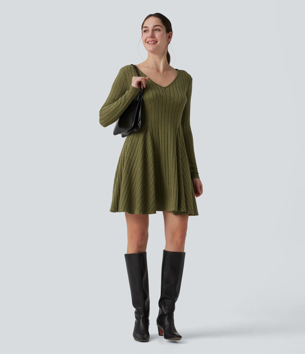 Robe décontractée mini évasée maille côtelée col V manches longues