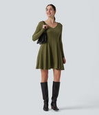 Robe décontractée mini évasée maille côtelée col V manches longues