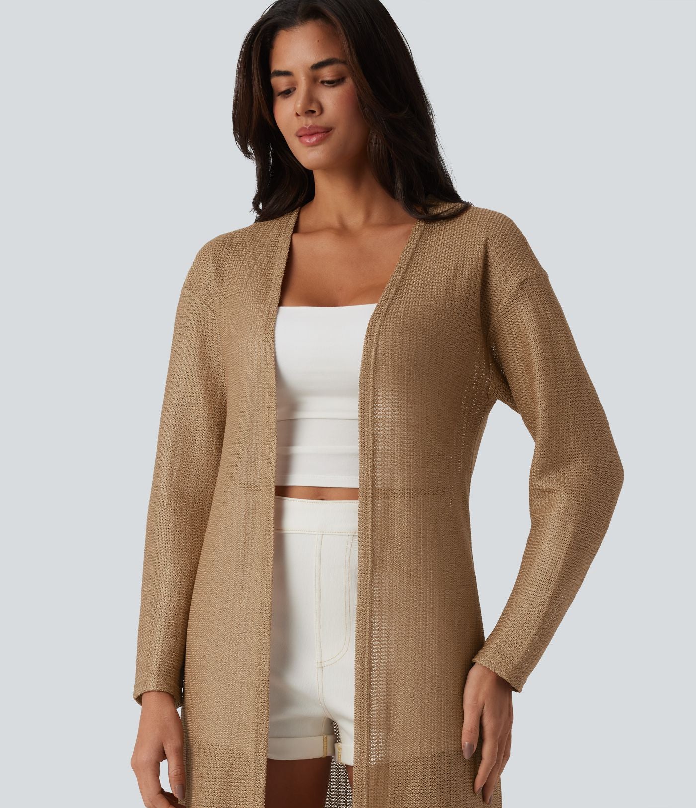 Manteau long casual crochet maille manches longues