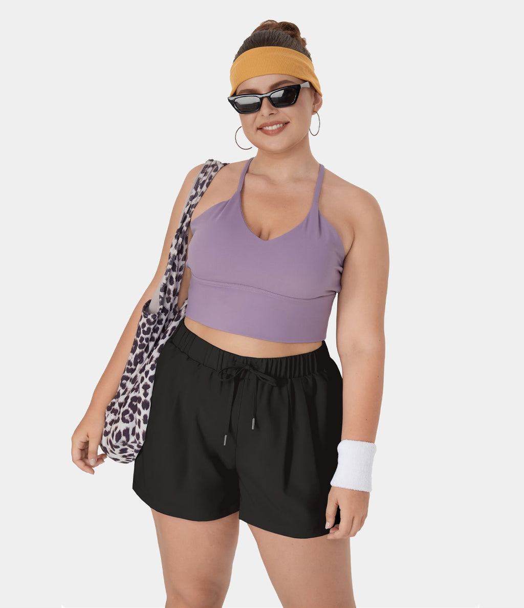 Short 7,5cm Grande Taille à Taille Haute avec Ceinture Élastique à Cordon et Poches Latérales