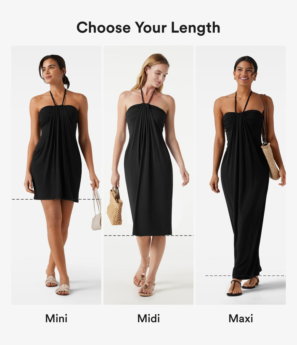 Robe midi dos nu à col halter avec lien noué au dos et poches