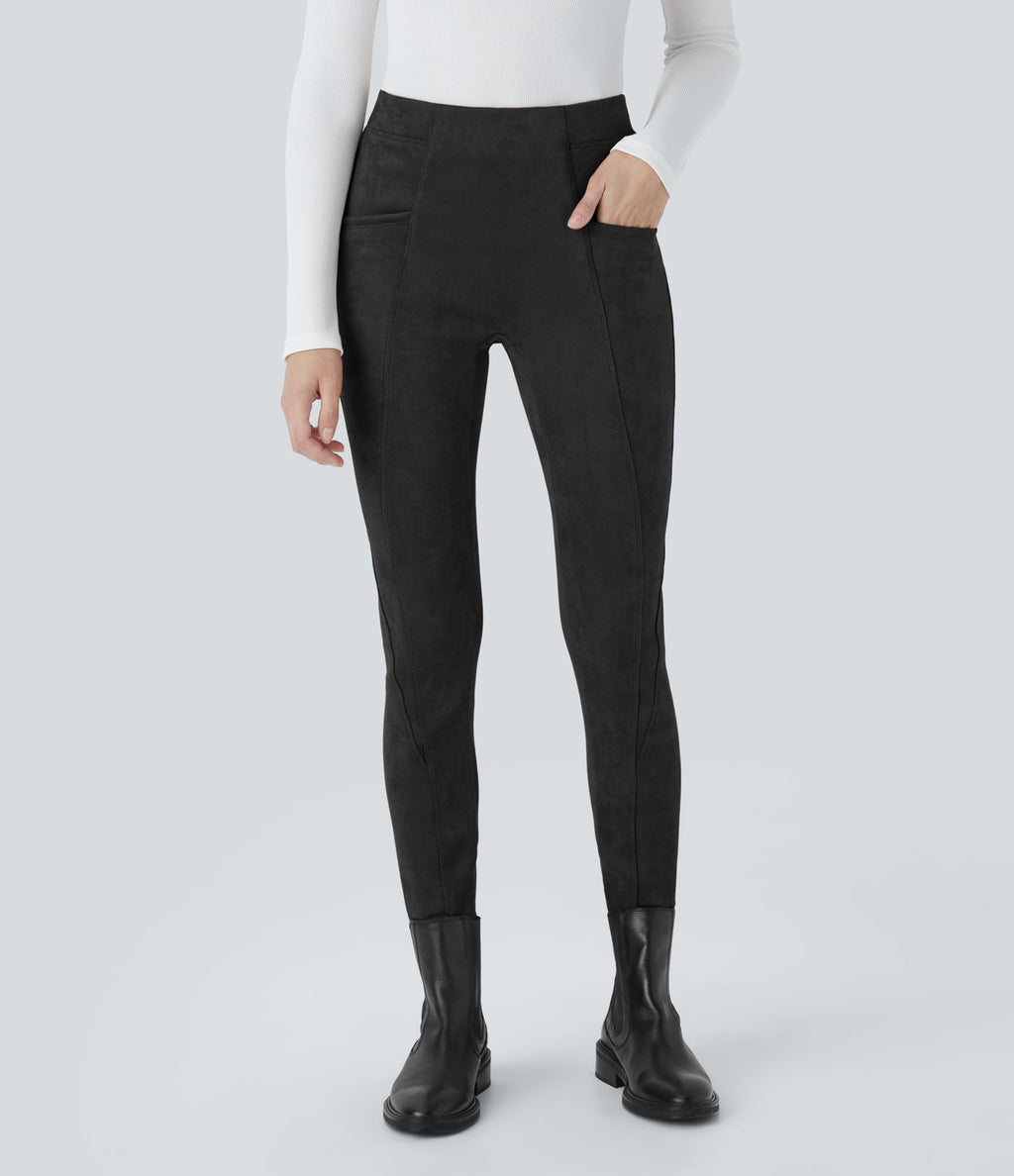 Legging décontracté en suédine taille haute, gainant, avec poches latérales
