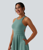 Robe midi décontractée col rond dos nageur avec poches