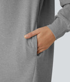 Robe Sweatshirt Casual à Capuche avec Cordon Poches Latérales Ourlet Courbé Asymétrique Oversize Mini en Tissu Gaufré